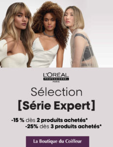 PhotoL'Oréal série expert réduction la boutique du coiffeur avec trois femmes posant en haut et du texte promotionnel en bas avec le logo La boutique du coiffeur