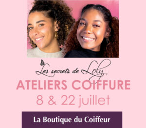 Bons plans et actualités, ateliers coiffure bannière rose avec deux jeunes femmes cheveux bouclés souriant