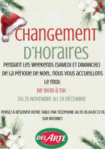 Horaires de Noel au restaurant Del Arte, centre commercial Quartier Libre 